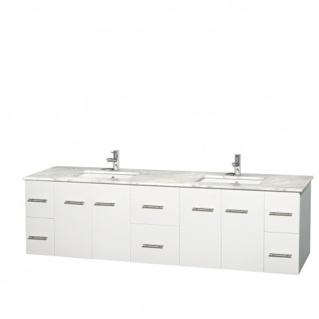 80 inch Double Bathroom Vanity in Matte White, White Carrera Marble Countertop, Undermount Square Sinks, and No Mirror