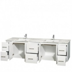 80 inch Double Bathroom Vanity in Matte White, White Carrera Marble Countertop, Undermount Square Sinks, and No Mirror