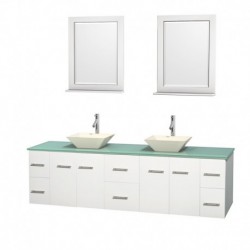 80 inch Double Bathroom Vanity in Matte White, Green Glass Countertop, Pyra Bone Porcelain Sinks, and 24 inch Mirrors