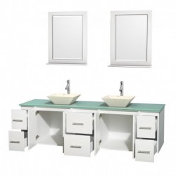 80 inch Double Bathroom Vanity in Matte White, Green Glass Countertop, Pyra Bone Porcelain Sinks, and 24 inch Mirrors