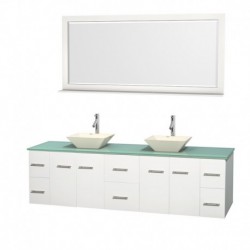 80 inch Double Bathroom Vanity in Matte White, Green Glass Countertop, Pyra Bone Porcelain Sinks, and 70 inch Mirror