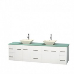 80 inch Double Bathroom Vanity in Matte White, Green Glass Countertop, Pyra Bone Porcelain Sinks, and No Mirror