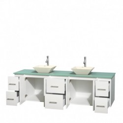 80 inch Double Bathroom Vanity in Matte White, Green Glass Countertop, Pyra Bone Porcelain Sinks, and No Mirror