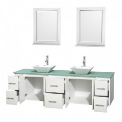 80 inch Double Bathroom Vanity in Matte White, Green Glass Countertop, Pyra White Porcelain Sinks, and 24 inch Mirrors