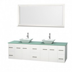 80 inch Double Bathroom Vanity in Matte White, Green Glass Countertop, Pyra White Porcelain Sinks, and 70 inch Mirror