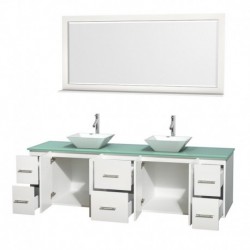 80 inch Double Bathroom Vanity in Matte White, Green Glass Countertop, Pyra White Porcelain Sinks, and 70 inch Mirror