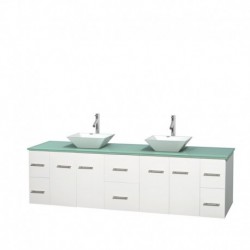 80 inch Double Bathroom Vanity in Matte White, Green Glass Countertop, Pyra White Porcelain Sinks, and No Mirror