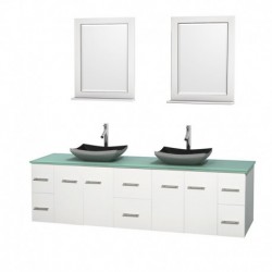 80 inch Double Bathroom Vanity in Matte White, Green Glass Countertop, Altair Black Granite Sinks, and 24 inch Mirrors