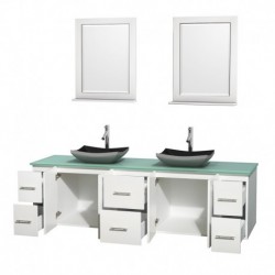 80 inch Double Bathroom Vanity in Matte White, Green Glass Countertop, Altair Black Granite Sinks, and 24 inch Mirrors