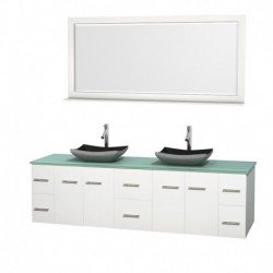 80 inch Double Bathroom Vanity in Matte White, Green Glass Countertop, Altair Black Granite Sinks, and 70 inch Mirror