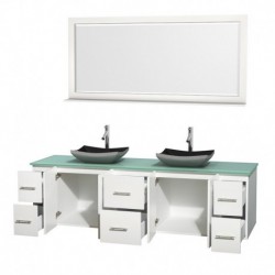 80 inch Double Bathroom Vanity in Matte White, Green Glass Countertop, Altair Black Granite Sinks, and 70 inch Mirror