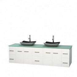 80 inch Double Bathroom Vanity in Matte White, Green Glass Countertop, Altair Black Granite Sinks, and No Mirror