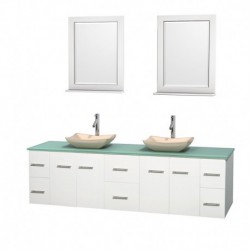 80 inch Double Bathroom Vanity in Matte White, Green Glass Countertop, Avalon Ivory Marble Sinks, and 24 inch Mirrors