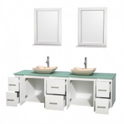 80 inch Double Bathroom Vanity in Matte White, Green Glass Countertop, Avalon Ivory Marble Sinks, and 24 inch Mirrors