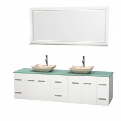 80 inch Double Bathroom Vanity in Matte White, Green Glass Countertop, Avalon Ivory Marble Sinks, and 70 inch Mirror