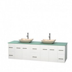 80 inch Double Bathroom Vanity in Matte White, Green Glass Countertop, Avalon Ivory Marble Sinks, and No Mirror