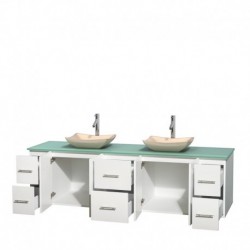 80 inch Double Bathroom Vanity in Matte White, Green Glass Countertop, Avalon Ivory Marble Sinks, and No Mirror