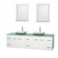 80 inch Double Bathroom Vanity in Matte White, Green Glass Countertop, Avalon White Carrera Marble Sinks, and 24 inch Mirrors