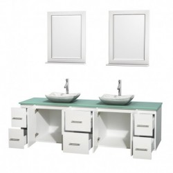 80 inch Double Bathroom Vanity in Matte White, Green Glass Countertop, Avalon White Carrera Marble Sinks, and 24 inch Mirrors