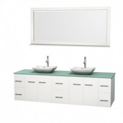 80 inch Double Bathroom Vanity in Matte White, Green Glass Countertop, Avalon White Carrera Marble Sinks, and 70 inch Mirror