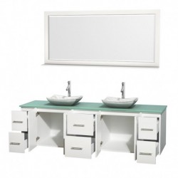 80 inch Double Bathroom Vanity in Matte White, Green Glass Countertop, Avalon White Carrera Marble Sinks, and 70 inch Mirror