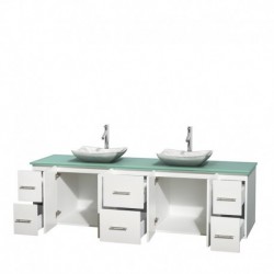 80 inch Double Bathroom Vanity in Matte White, Green Glass Countertop, Avalon White Carrera Marble Sinks, and No Mirror