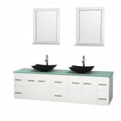 80 inch Double Bathroom Vanity in Matte White, Green Glass Countertop, Arista Black Granite Sinks, and 24 inch Mirrors