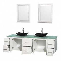 80 inch Double Bathroom Vanity in Matte White, Green Glass Countertop, Arista Black Granite Sinks, and 24 inch Mirrors