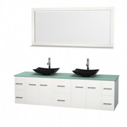 80 inch Double Bathroom Vanity in Matte White, Green Glass Countertop, Arista Black Granite Sinks, and 70 inch Mirror