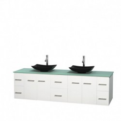 80 inch Double Bathroom Vanity in Matte White, Green Glass Countertop, Arista Black Granite Sinks, and No Mirror