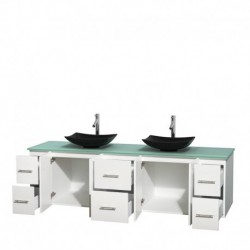 80 inch Double Bathroom Vanity in Matte White, Green Glass Countertop, Arista Black Granite Sinks, and No Mirror