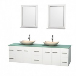 80 inch Double Bathroom Vanity in Matte White, Green Glass Countertop, Arista Ivory Marble Sinks, and 24 inch Mirrors