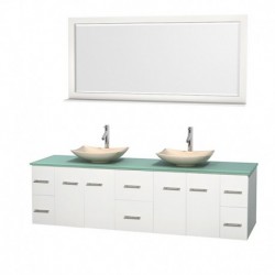 80 inch Double Bathroom Vanity in Matte White, Green Glass Countertop, Arista Ivory Marble Sinks, and 70 inch Mirror