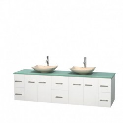 80 inch Double Bathroom Vanity in Matte White, Green Glass Countertop, Arista Ivory Marble Sinks, and No Mirror