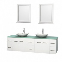 80 inch Double Bathroom Vanity in Matte White, Green Glass Countertop, Arista White Carrera Marble Sinks, and 24 inch Mirrors