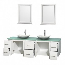 80 inch Double Bathroom Vanity in Matte White, Green Glass Countertop, Arista White Carrera Marble Sinks, and 24 inch Mirrors