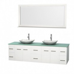 80 inch Double Bathroom Vanity in Matte White, Green Glass Countertop, Arista White Carrera Marble Sinks, and 70 inch Mirror