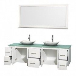 80 inch Double Bathroom Vanity in Matte White, Green Glass Countertop, Arista White Carrera Marble Sinks, and 70 inch Mirror