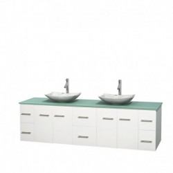 80 inch Double Bathroom Vanity in Matte White, Green Glass Countertop, Arista White Carrera Marble Sinks, and No Mirror