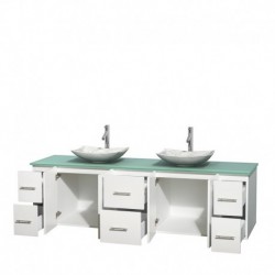 80 inch Double Bathroom Vanity in Matte White, Green Glass Countertop, Arista White Carrera Marble Sinks, and No Mirror