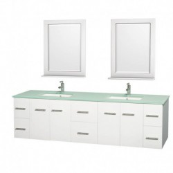 80 inch Double Bathroom Vanity in Matte White, Green Glass Countertop, Undermount Square Sink, and 24 inch Mirrors