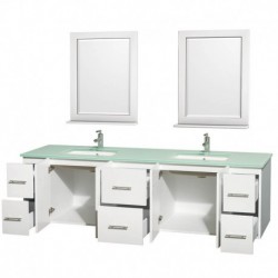 80 inch Double Bathroom Vanity in Matte White, Green Glass Countertop, Undermount Square Sink, and 24 inch Mirrors