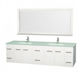 80 inch Double Bathroom Vanity in Matte White, Green Glass Countertop, Undermount Square Sink, and 70 inch Mirror