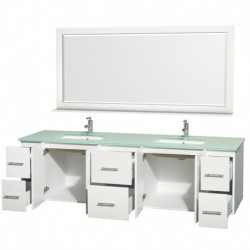 80 inch Double Bathroom Vanity in Matte White, Green Glass Countertop, Undermount Square Sink, and 70 inch Mirror