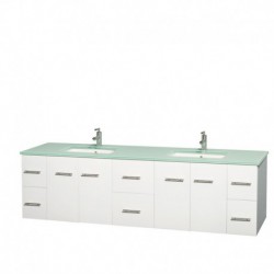 80 inch Double Bathroom Vanity in Matte White, Green Glass Countertop, Undermount Square Sinks, and No Mirror