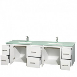 80 inch Double Bathroom Vanity in Matte White, Green Glass Countertop, Undermount Square Sinks, and No Mirror