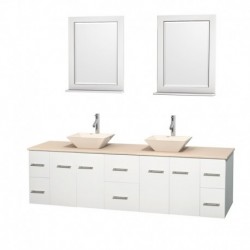 80 inch Double Bathroom Vanity in Matte White, Ivory Marble Countertop, Pyra Bone Porcelain Sinks, and 24 inch Mirrors