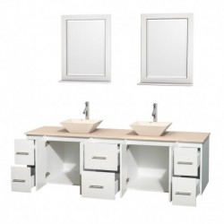 80 inch Double Bathroom Vanity in Matte White, Ivory Marble Countertop, Pyra Bone Porcelain Sinks, and 24 inch Mirrors