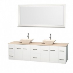 80 inch Double Bathroom Vanity in Matte White, Ivory Marble Countertop, Pyra Bone Porcelain Sinks, and 70 inch Mirror