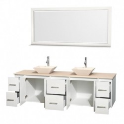 80 inch Double Bathroom Vanity in Matte White, Ivory Marble Countertop, Pyra Bone Porcelain Sinks, and 70 inch Mirror